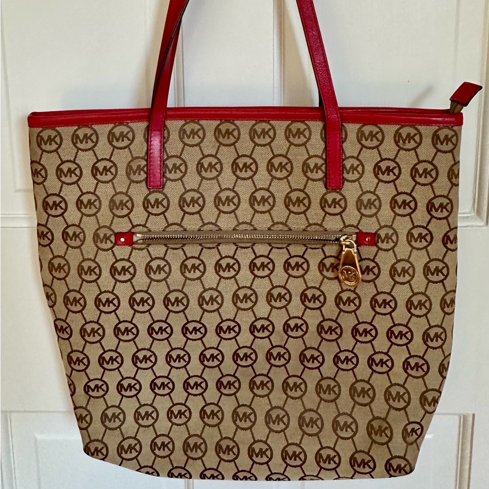 Michael Kors Red Handle Canvas Tote Bag Jet Set Messenger
